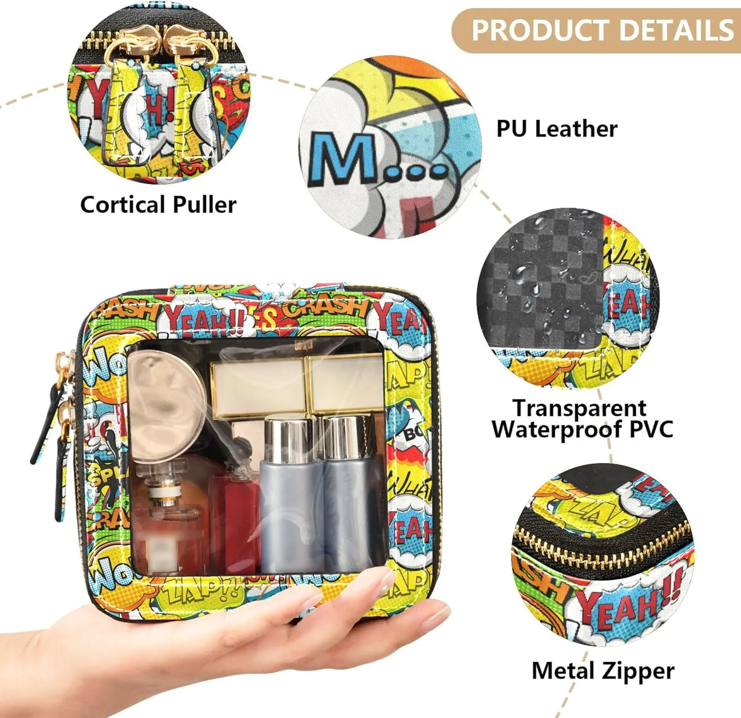 1970s Disco Retro Clear Makeup Bag Travel Cosmetic Case Transparent Toiletry Bag with Zipper, Portable Make Up Organizer PU Leather Traveling Compact Car Bag for Essentials