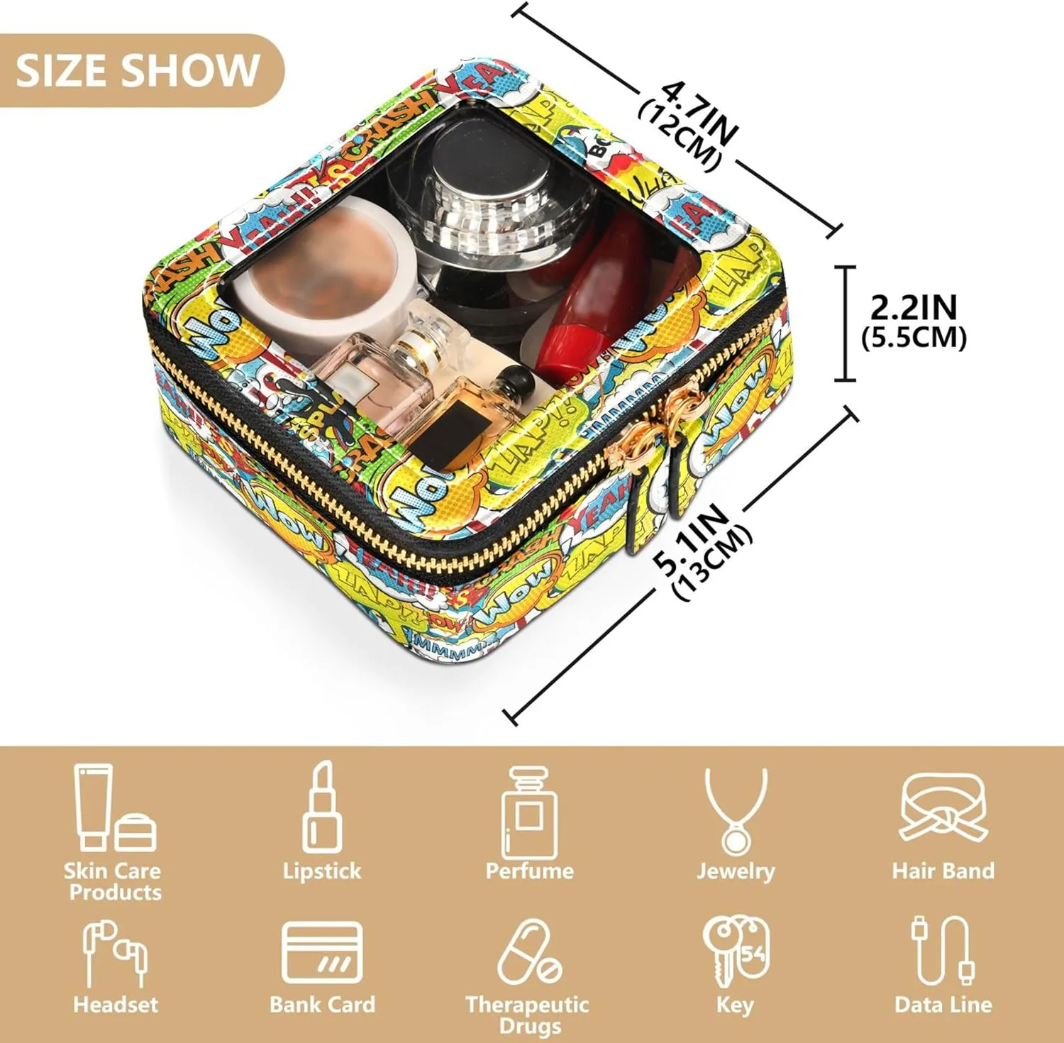 1970s Disco Retro Clear Makeup Bag Travel Cosmetic Case Transparent Toiletry Bag with Zipper, Portable Make Up Organizer PU Leather Traveling Compact Car Bag for Essentials
