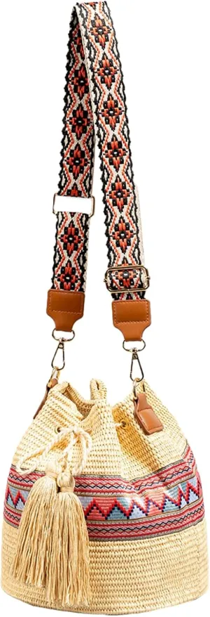 2025 Summer Straw Bucket Bag Women Woven Crossbody Bag Woven Texture Wide Shoulder Strap Beach Vacation Tassel Tote