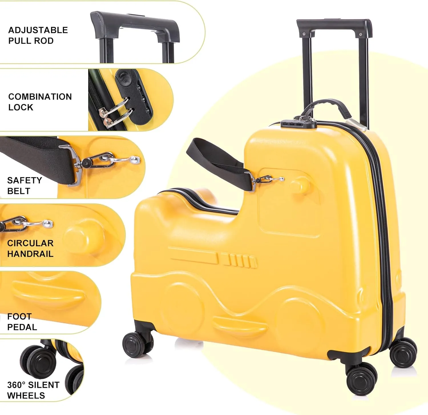 22 inch Kids Ride On Luggage with Safety Belt,Travel Luggage for Child with Combination Lock,Tollder Luggage with Spinner wheels and Cover (Yellow)
