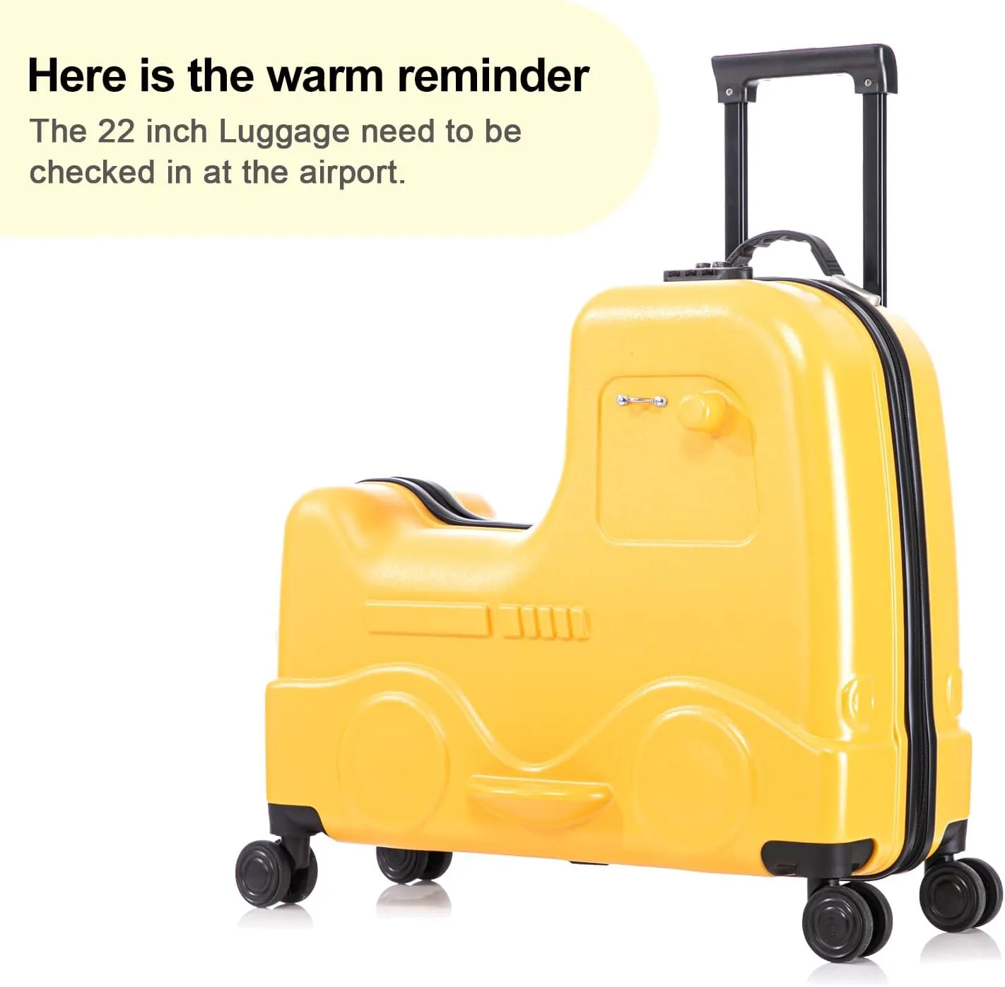 22 inch Kids Ride On Luggage with Safety Belt,Travel Luggage for Child with Combination Lock,Tollder Luggage with Spinner wheels and Cover (Yellow)