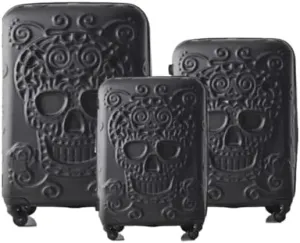 3-Piece Expandable Skull Suitcase Set, Black, Large, 24 inch, Spinner Wheels, TSA Lock, Water Resistant