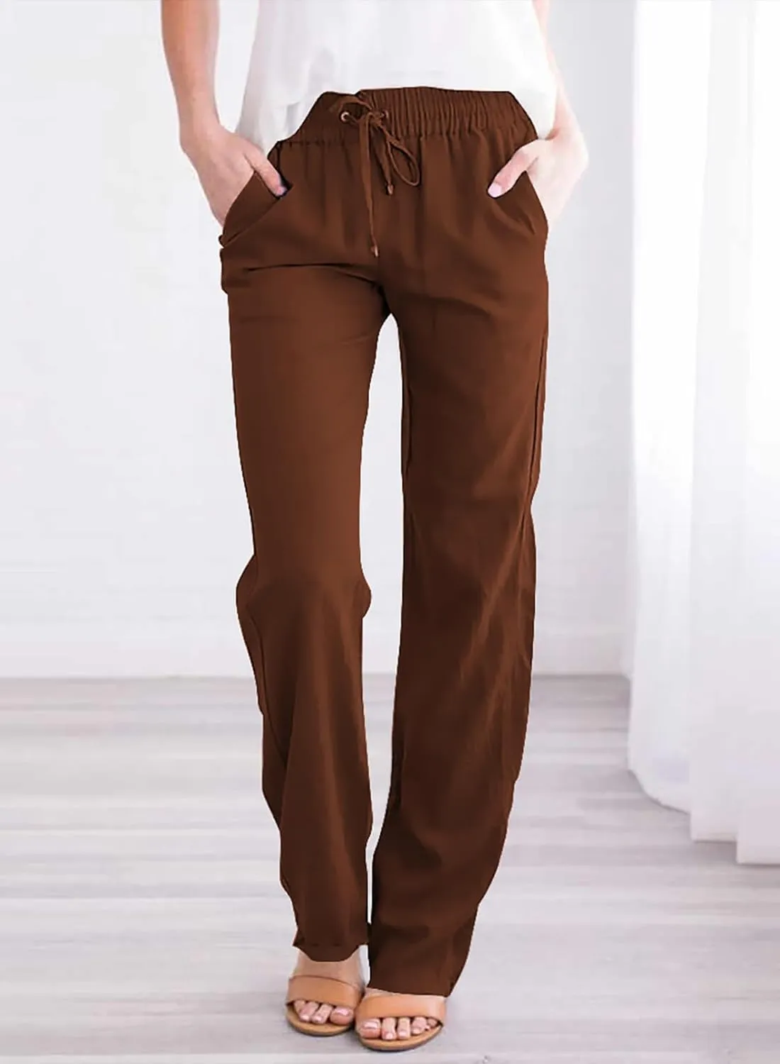 Acelitt Womens Casual Linen Pants Lightweight Drawstring Elastic Waist Spring Summer Beach Slacks Comfy Trousers