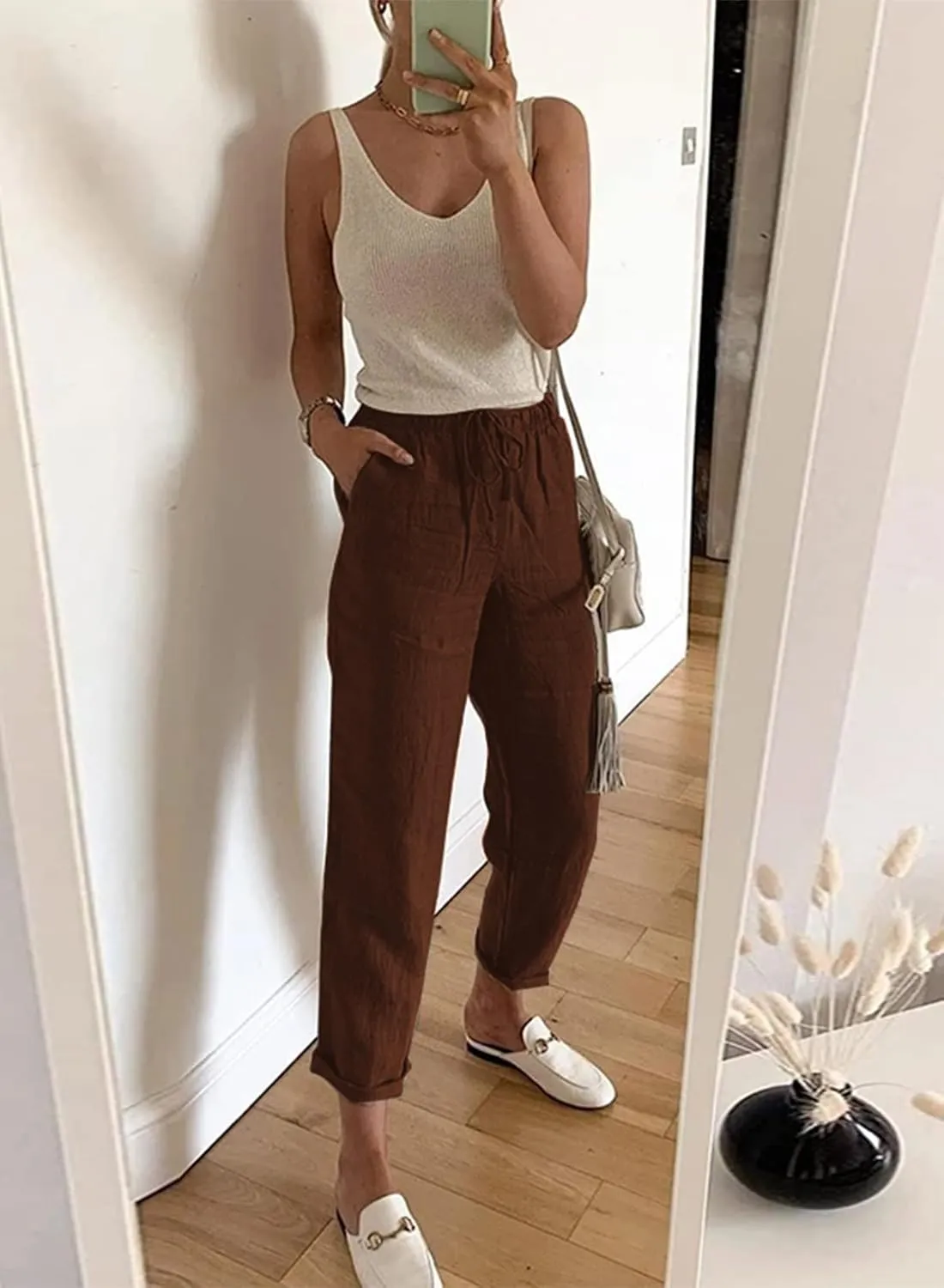 Acelitt Womens Casual Linen Pants Lightweight Drawstring Elastic Waist Spring Summer Beach Slacks Comfy Trousers