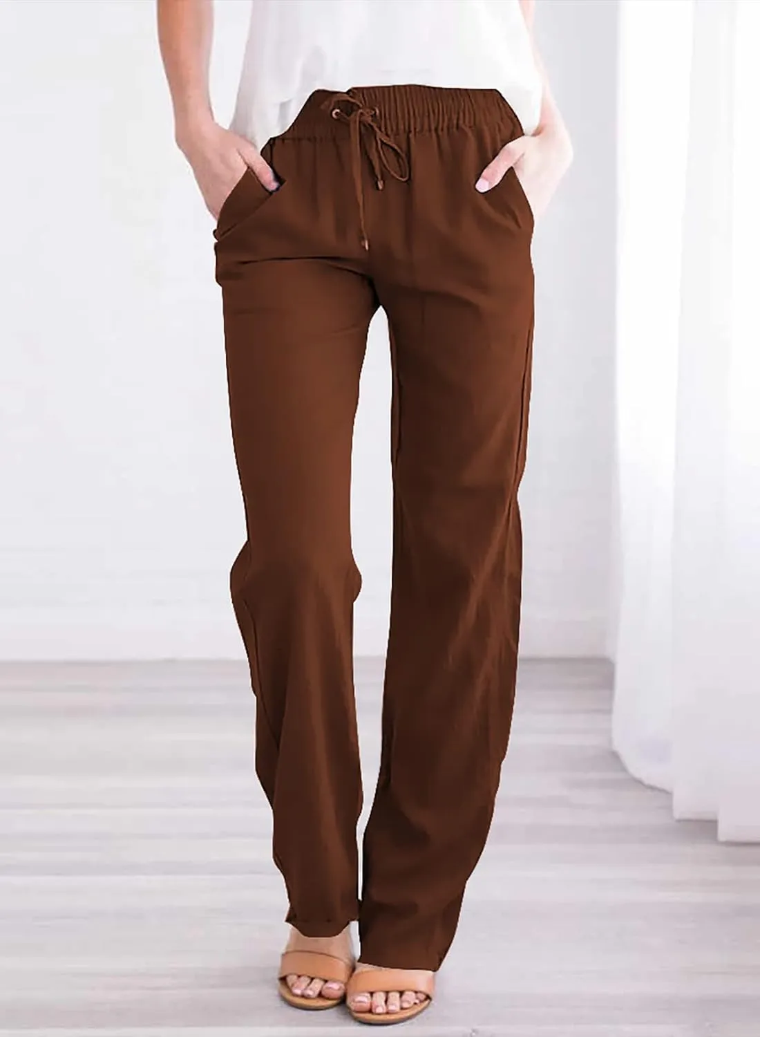 Acelitt Womens Casual Linen Pants Lightweight Drawstring Elastic Waist Spring Summer Beach Slacks Comfy Trousers
