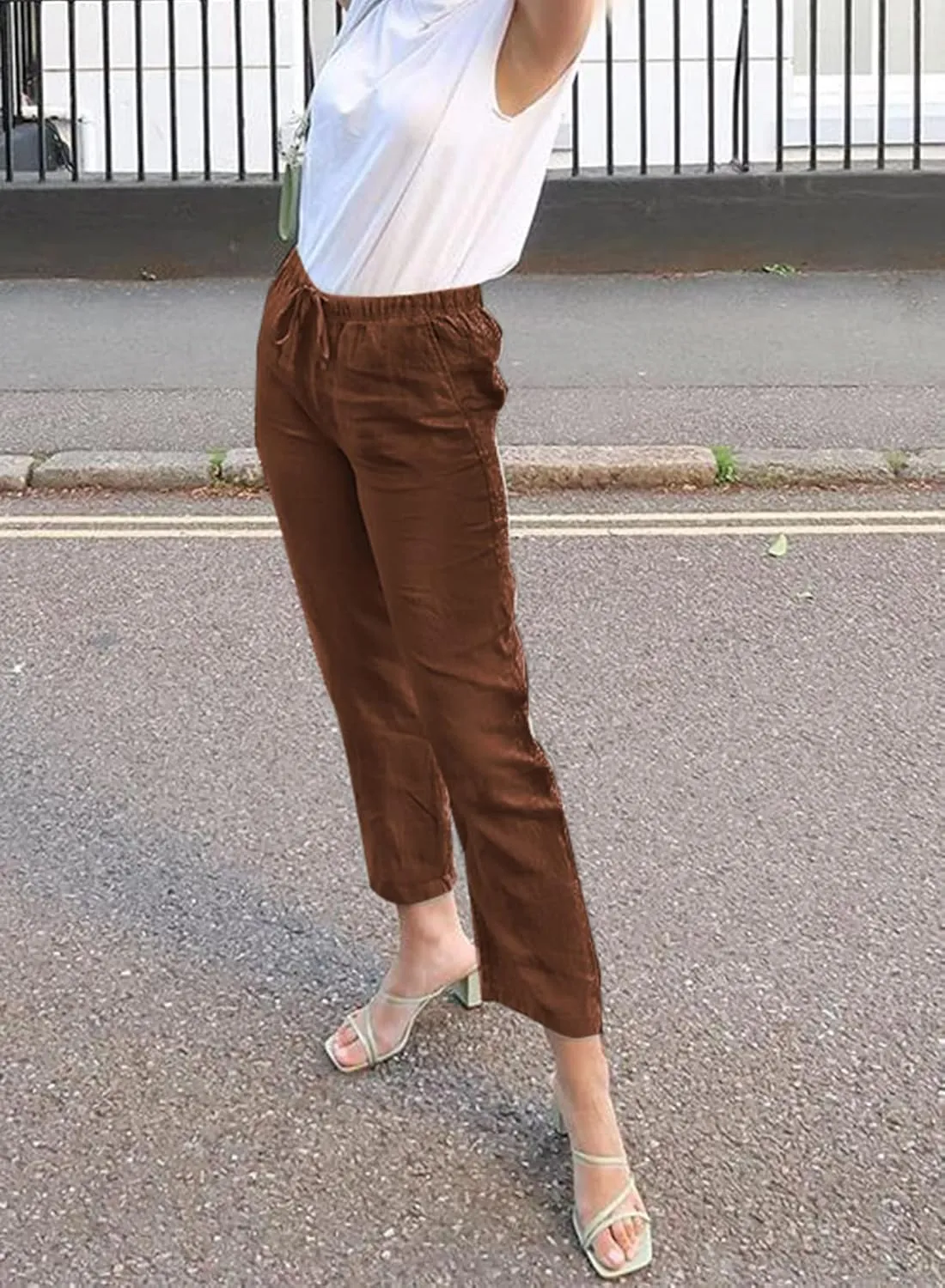 Acelitt Womens Casual Linen Pants Lightweight Drawstring Elastic Waist Spring Summer Beach Slacks Comfy Trousers