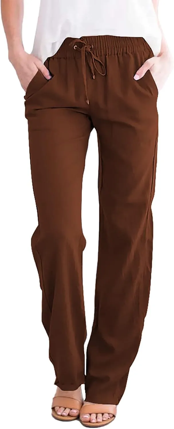 Acelitt Womens Casual Linen Pants Lightweight Drawstring Elastic Waist Spring Summer Beach Slacks Comfy Trousers