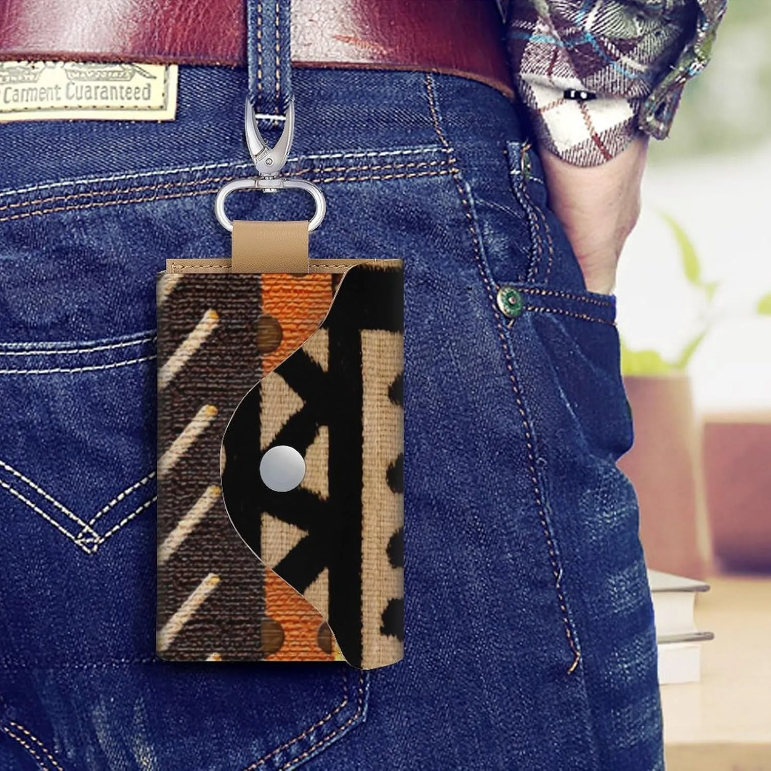 African Mud Cloth Print Portable And Compact Leather Keybag
