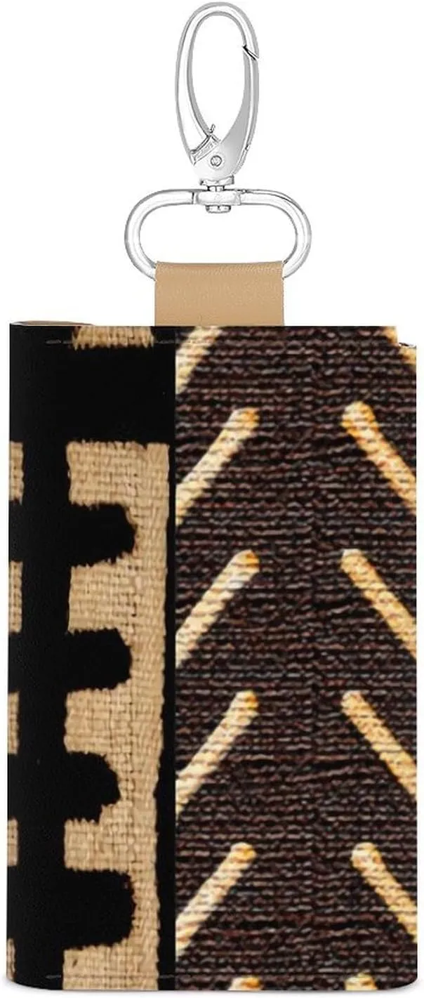 African Mud Cloth Print Portable And Compact Leather Keybag