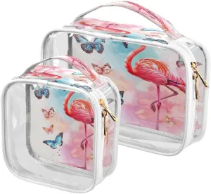 ALAZA Flamingo Butterfly Watercolor 2 Pcs Storage Bags Zippered Organizers Cosmetics Travel Case Toiletry Bag Transparent Tote Bags