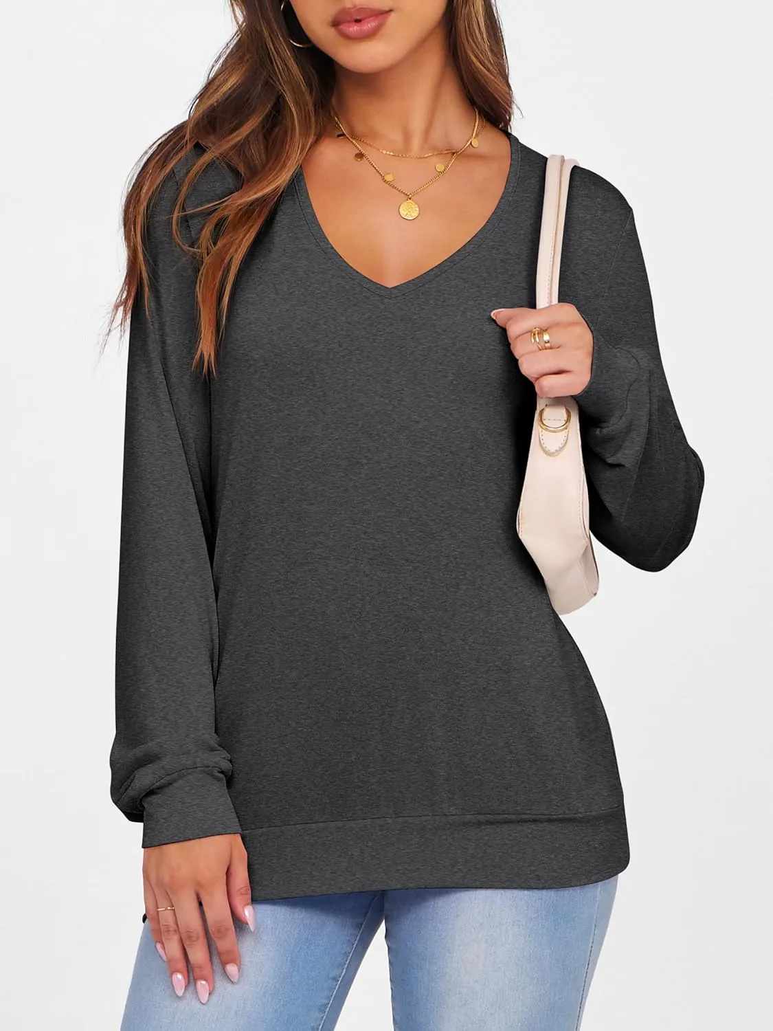 ANRABESS Women's Long Sleeve Shirts Casual Loose V Neck Basic Tees Tops 2025 Fall T-Shirt Outfits