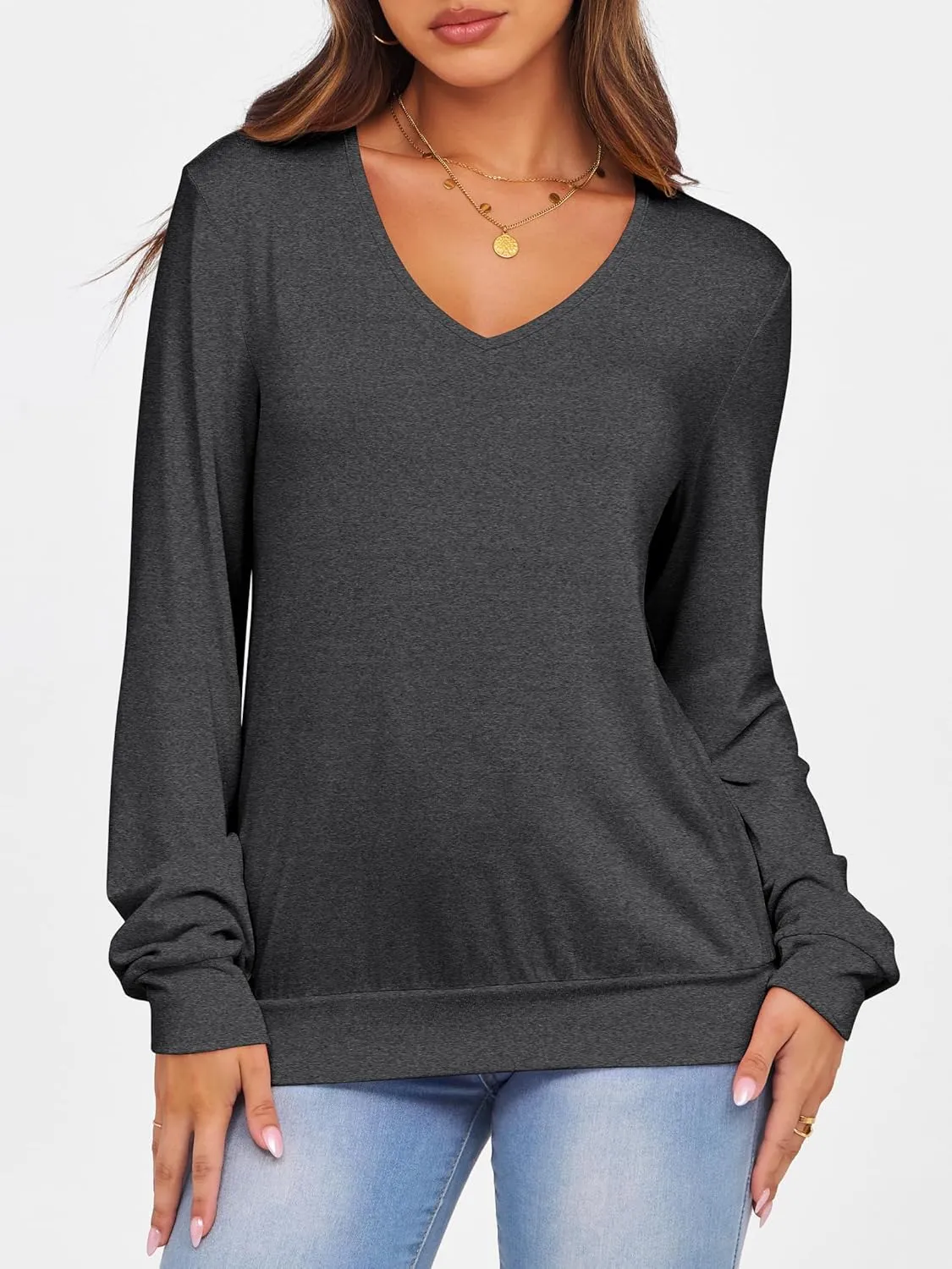 ANRABESS Women's Long Sleeve Shirts Casual Loose V Neck Basic Tees Tops 2025 Fall T-Shirt Outfits