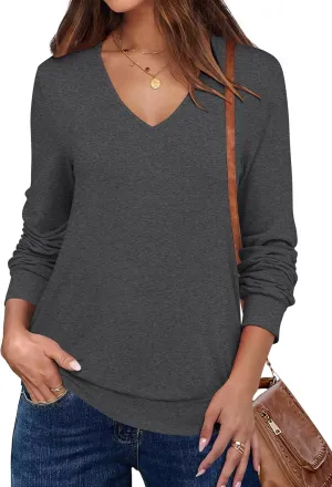 ANRABESS Women's Long Sleeve Shirts Casual Loose V Neck Basic Tees Tops 2025 Fall T-Shirt Outfits