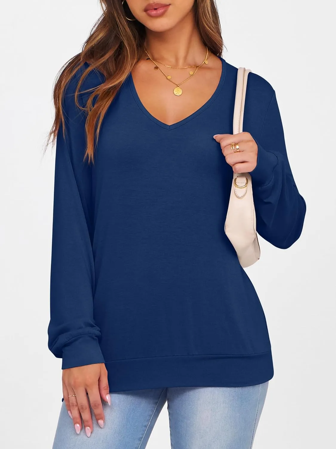 ANRABESS Women's Long Sleeve Shirts Casual Loose V Neck Basic Tees Tops 2025 Fall T-Shirt Outfits