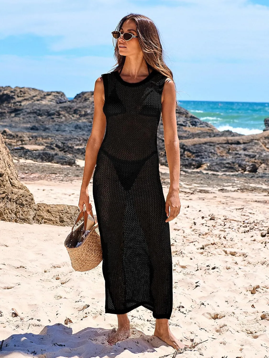 ANRABESS Womens Swimsuit Cover Up Sleeveless Hollow Knit Bikini Swimwear Bathing Suit Coverup Crochet Beach Dress
