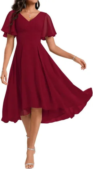ANYSWBKN Knee Length Bridesmaid Prom Dresses for Juniors V-Neck Pleated Chiffon Evening Formal Gala Garden Gown