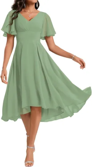 ANYSWBKN Knee Length Bridesmaid Prom Dresses for Juniors V-Neck Pleated Chiffon Evening Formal Gala Garden Gown