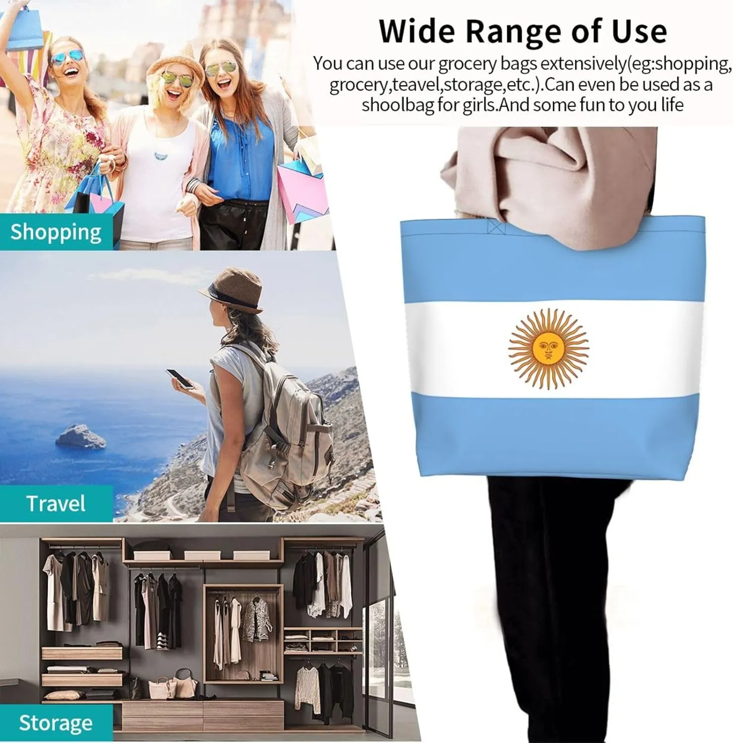 Argentina Flag Women's Tote Bag Large Capacity Single Shoulder Bags Handbag for Shopping Work