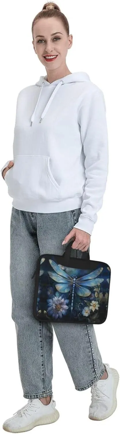 Art Blue Dragonfly Print Laptop Bag Laptop Case Shoulder Laptop Bag with Padded Protection Spacious Pockets, Black