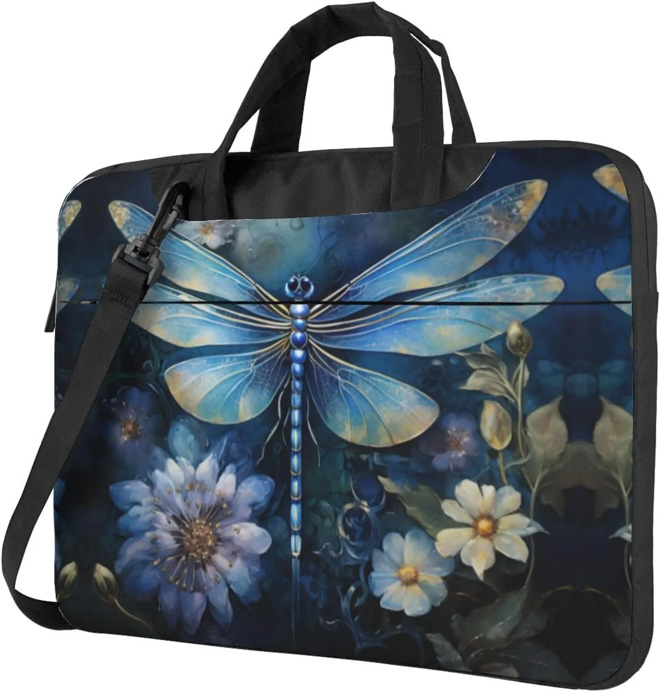 Art Blue Dragonfly Print Laptop Bag Laptop Case Shoulder Laptop Bag with Padded Protection Spacious Pockets, Black
