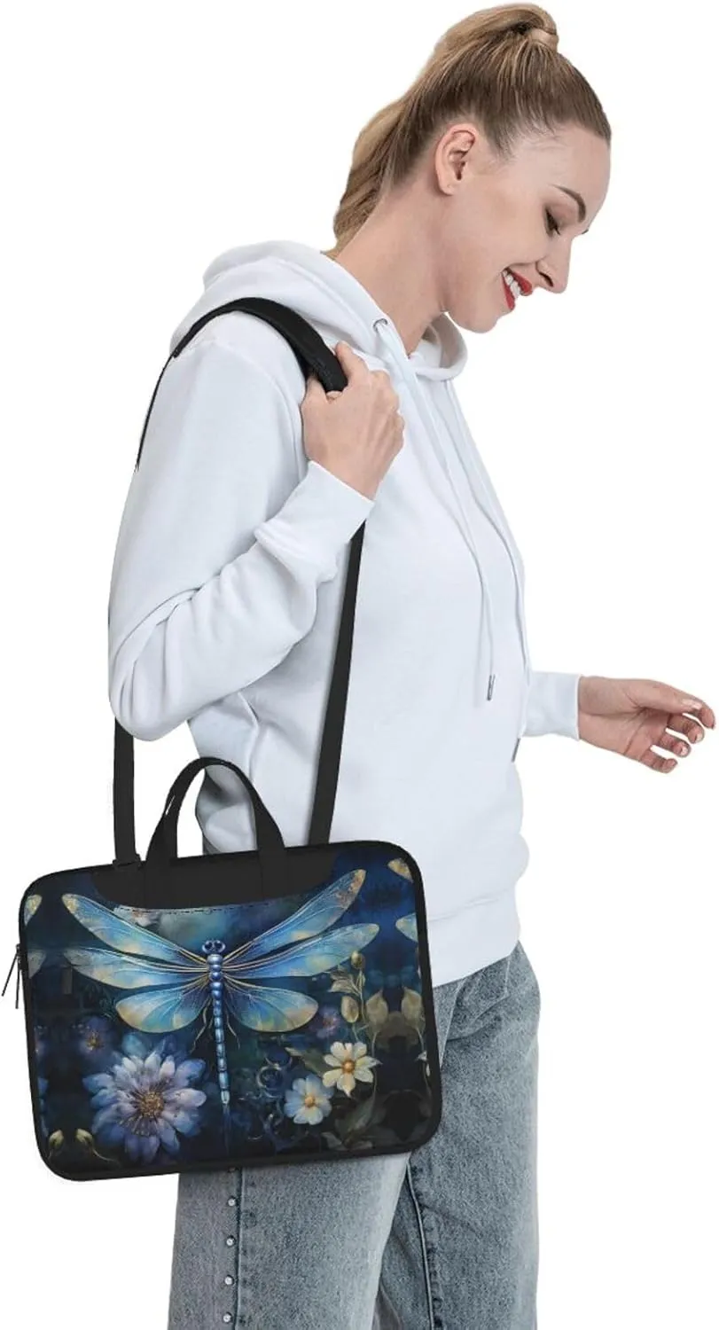 Art Blue Dragonfly Print Laptop Bag Laptop Case Shoulder Laptop Bag with Padded Protection Spacious Pockets, Black