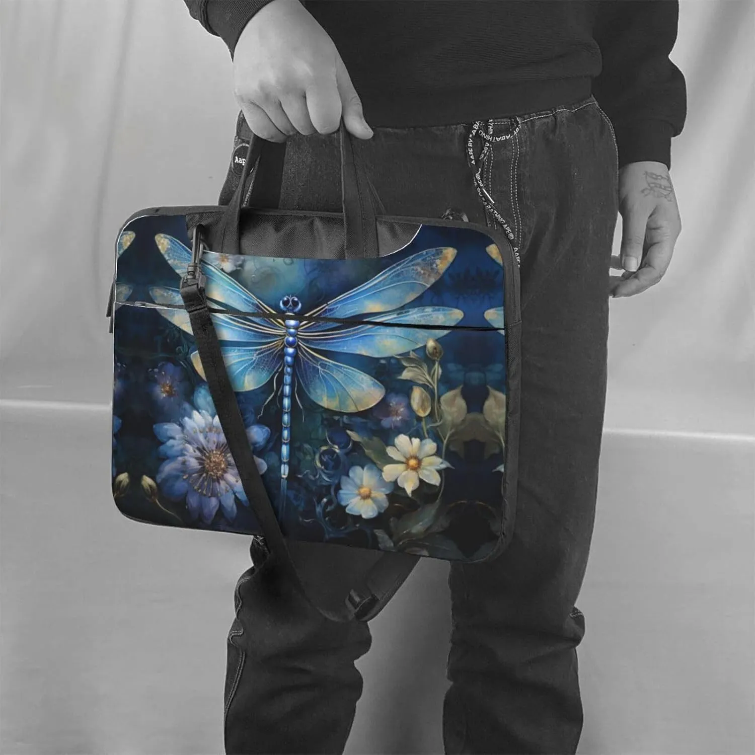 Art Blue Dragonfly Print Laptop Bag Laptop Case Shoulder Laptop Bag with Padded Protection Spacious Pockets, Black