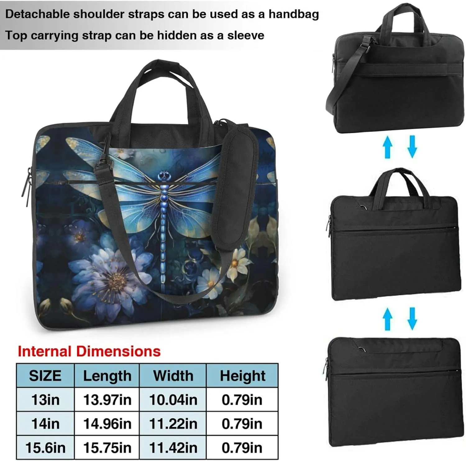 Art Blue Dragonfly Print Laptop Bag Laptop Case Shoulder Laptop Bag with Padded Protection Spacious Pockets, Black