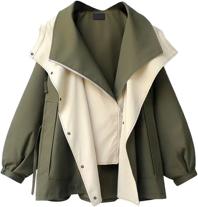 BAIMORE Women's Casual Drawstring Hooded Double Lapel Snap Zip Up Cargo Trench Coat
