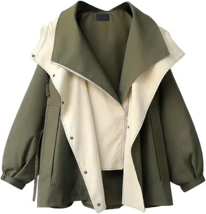 BAIMORE Women's Casual Drawstring Hooded Double Lapel Snap Zip Up Cargo Trench Coat