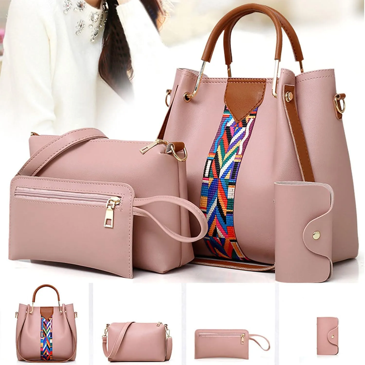Beach Tote Bag 4 Packet Leather Solid Color Handbags Shoulder Bags Crossbody Hobo Bags Card Purse Work Travel Essential M