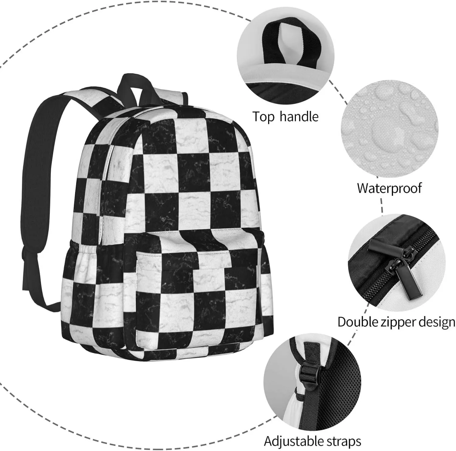 Black and White Checker Marble Large Capacity Backpack Lightweight Personalized Laptop Bag Tablet Travel School Bag with Multiple Pockets