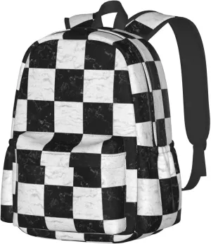 Black and White Checker Marble Large Capacity Backpack Lightweight Personalized Laptop Bag Tablet Travel School Bag with Multiple Pockets