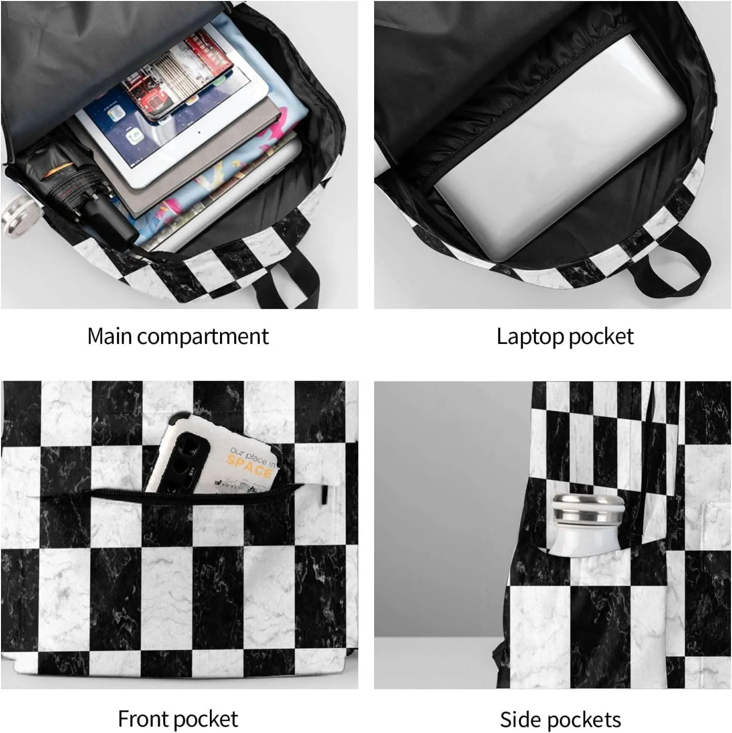 Black and White Checker Marble Large Capacity Backpack Lightweight Personalized Laptop Bag Tablet Travel School Bag with Multiple Pockets
