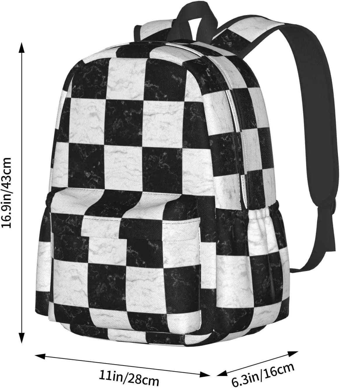 Black and White Checker Marble Large Capacity Backpack Lightweight Personalized Laptop Bag Tablet Travel School Bag with Multiple Pockets