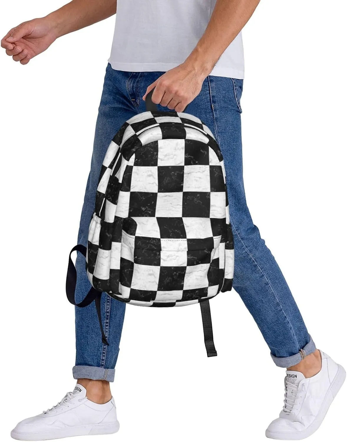 Black and White Checker Marble Large Capacity Backpack Lightweight Personalized Laptop Bag Tablet Travel School Bag with Multiple Pockets