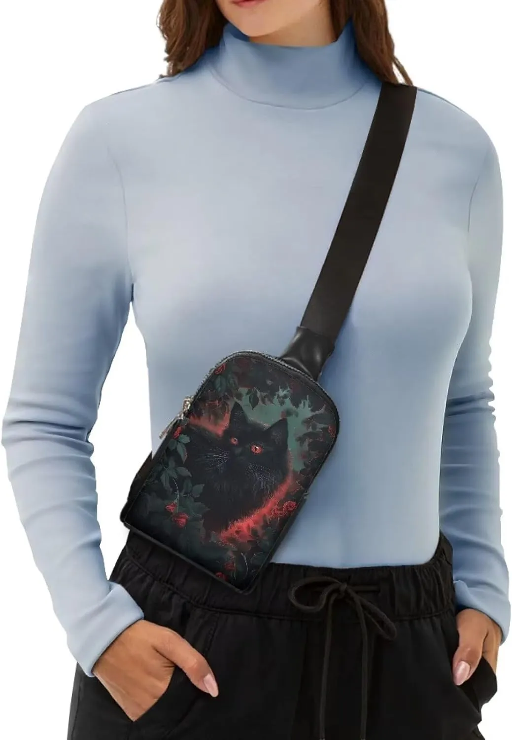Black Cat Women Sling Bag Crossbody Shoulder Bag for Phone Passport Portable Convenient Chest Bag for Travel Rucksack Store Wallet,Cell Phone,Keys,Cosmetics,Etc