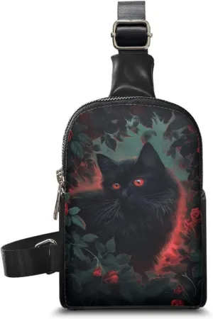 Black Cat Women Sling Bag Crossbody Shoulder Bag for Phone Passport Portable Convenient Chest Bag for Travel Rucksack Store Wallet,Cell Phone,Keys,Cosmetics,Etc