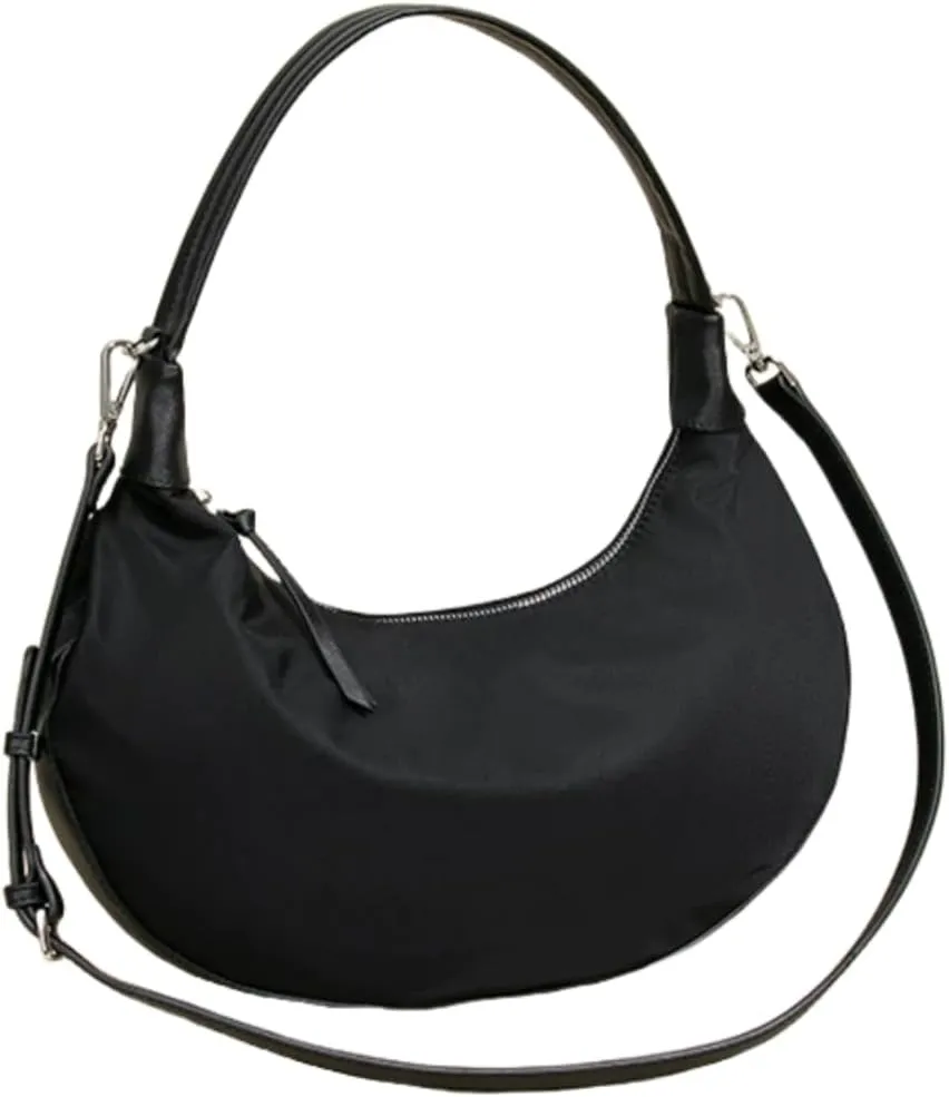 Black Shoulder Crescent Bag for Women Trendy Handbag and Purses, Convenient Nylon Crossbody Hobo Bag with Adjustable Strap