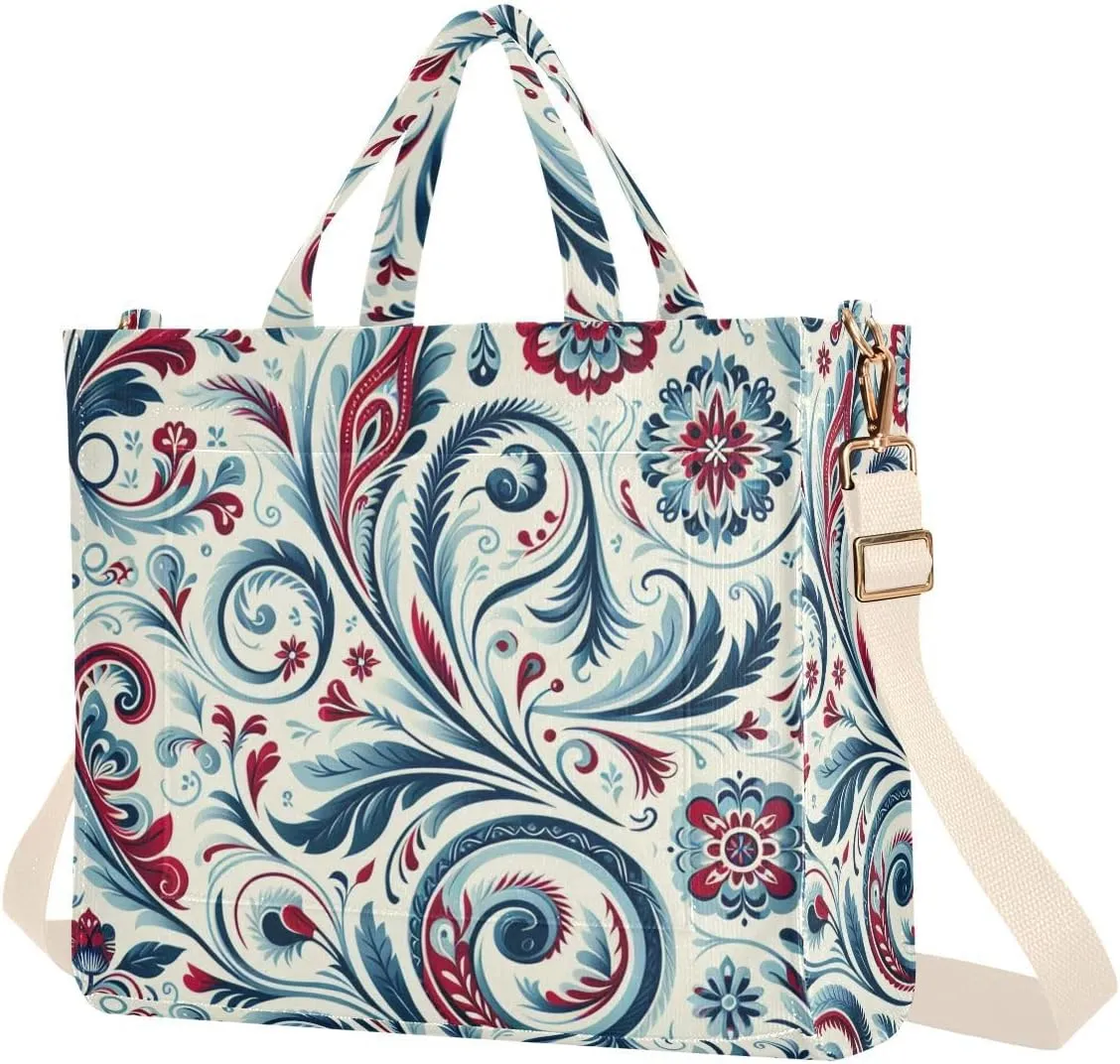 Blue and Red Floral Corduroy Tote Bag for Women Hobo Crossbody Bag Purse Stylish Shoulder Handbag Messenger Bags, S