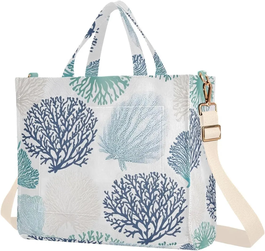 Blue Coral Sea Beach Corduroy Tote Bag for Women Hobo Crossbody Bag Purse Stylish Shoulder Handbag Messenger Bags, S