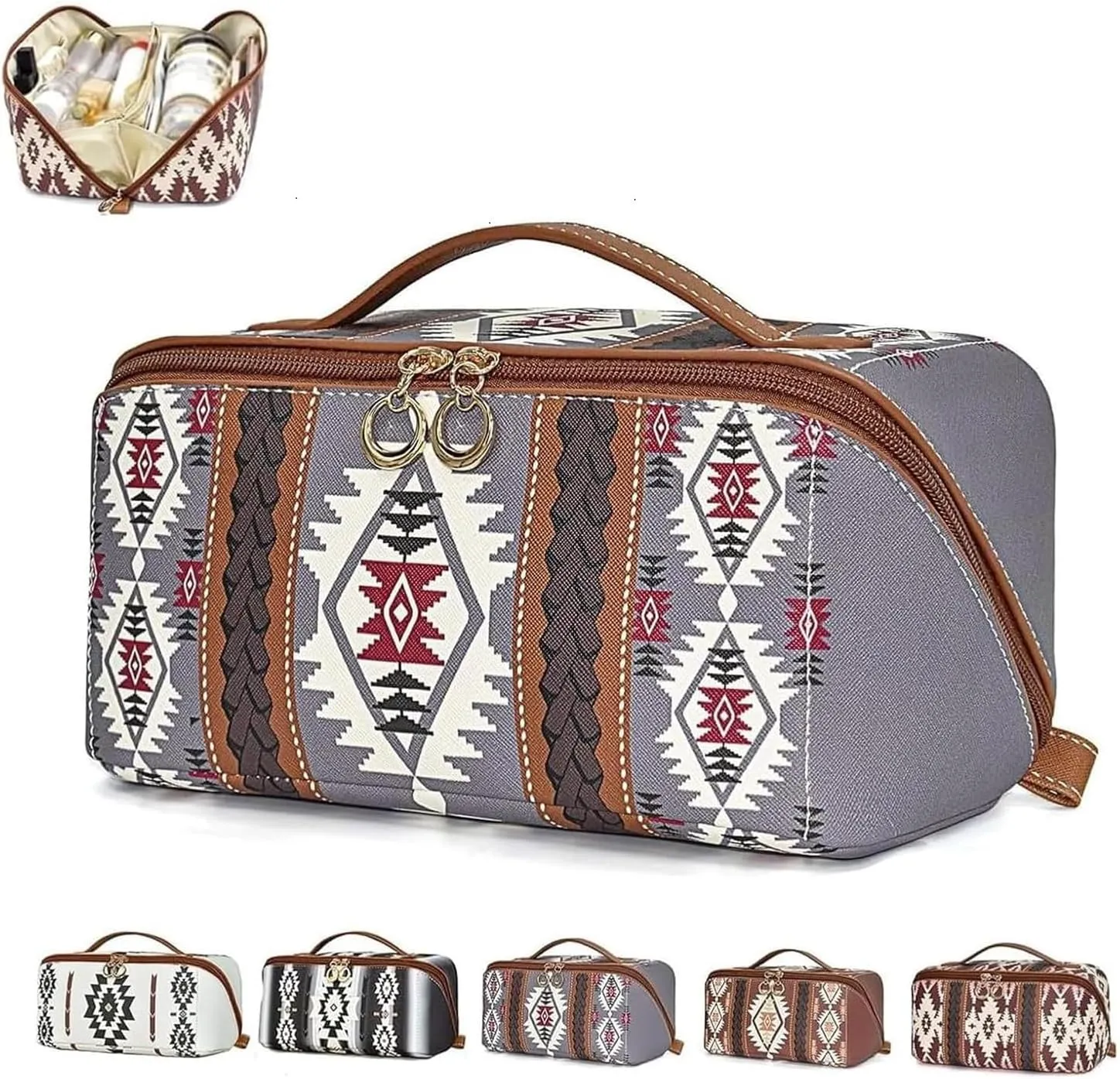 Boho Western Style Makeup Bag, PU Casual Colorblock Makeup Organizer Pouch, Versatile Waterproof Portable Organizer Pouch, Light purple