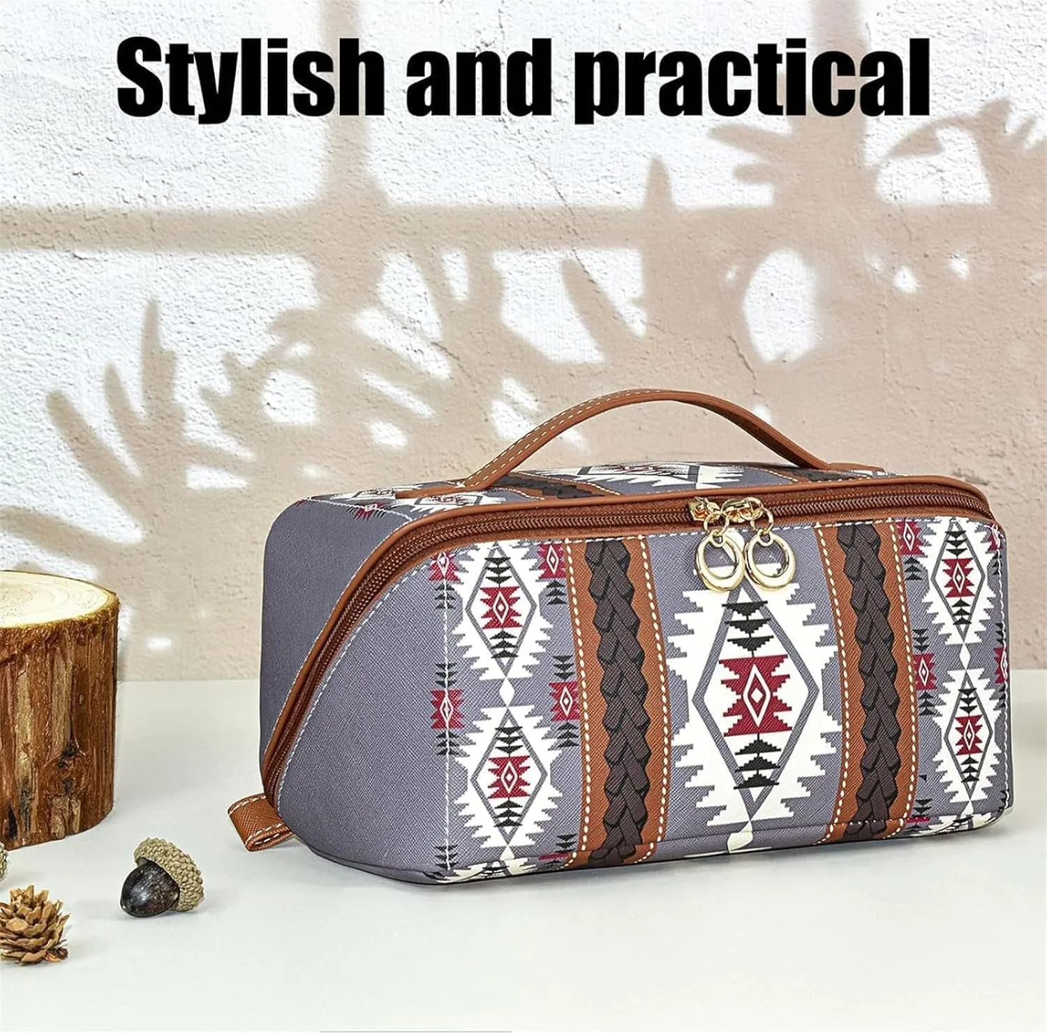Boho Western Style Makeup Bag, PU Casual Colorblock Makeup Organizer Pouch, Versatile Waterproof Portable Organizer Pouch, Light purple