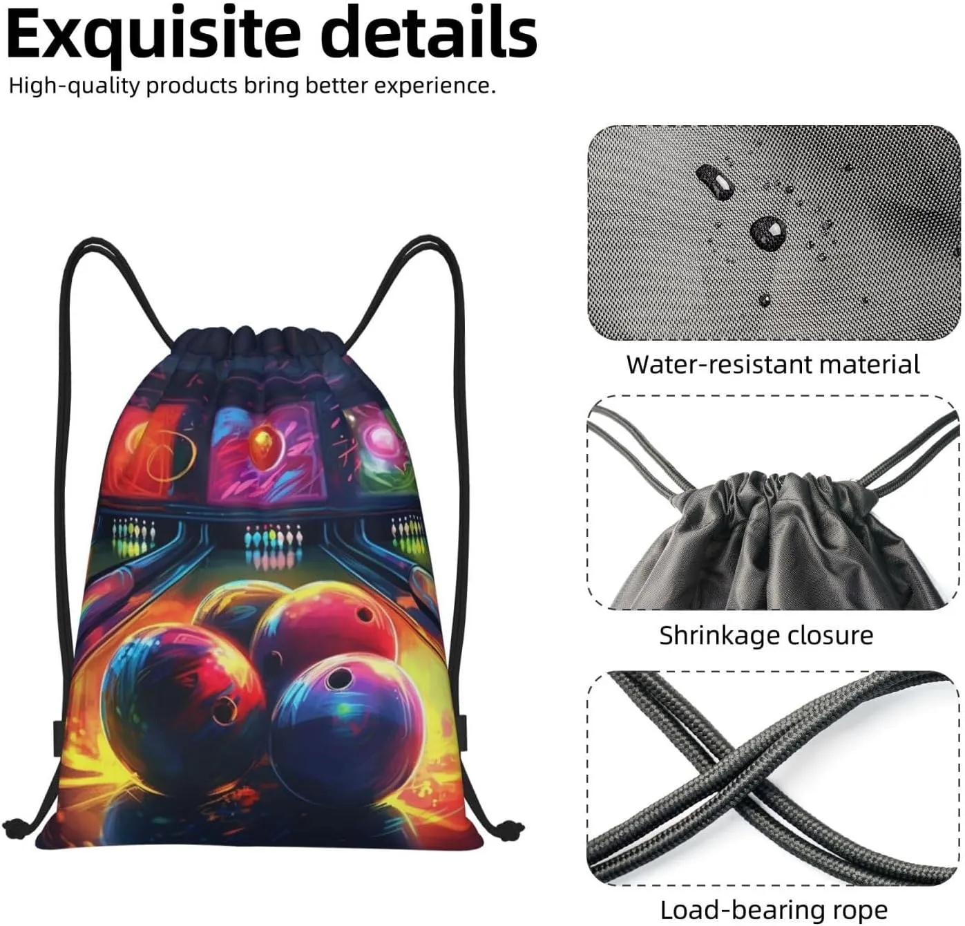 Bowling Balls Drawstring Backpack Lightweight Draw String Bag Cinch Bags Waterproof Gym Bag for Men Women Swim Bag Small