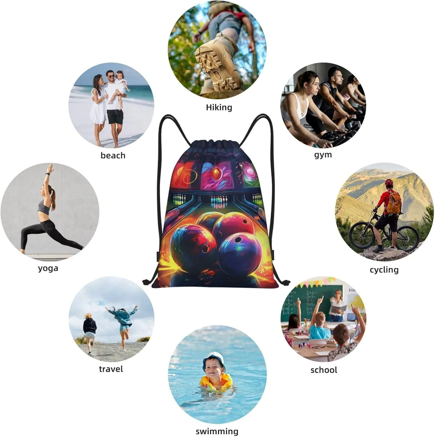 Bowling Balls Drawstring Backpack Lightweight Draw String Bag Cinch Bags Waterproof Gym Bag for Men Women Swim Bag Small