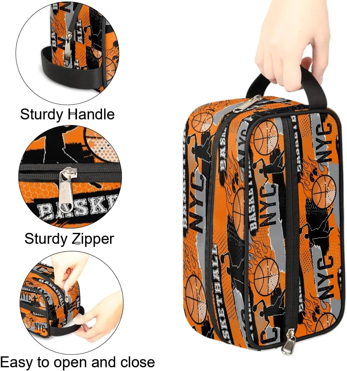 Boys Travel Toiletry Bag, Kids Waterproof Hanging Dopp Kit, Wash Bag with Large Capacity for Travel, Sports, Shower, Basketball Orange