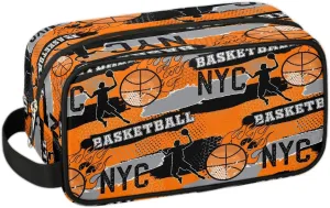 Boys Travel Toiletry Bag, Kids Waterproof Hanging Dopp Kit, Wash Bag with Large Capacity for Travel, Sports, Shower, Basketball Orange