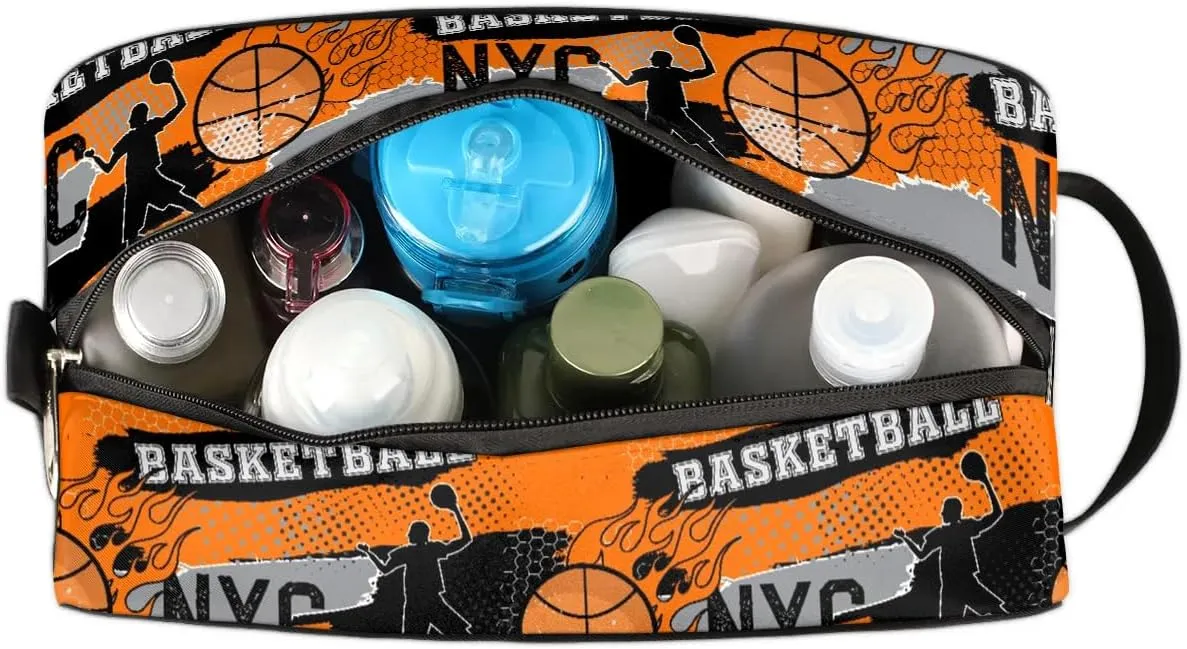 Boys Travel Toiletry Bag, Kids Waterproof Hanging Dopp Kit, Wash Bag with Large Capacity for Travel, Sports, Shower, Basketball Orange