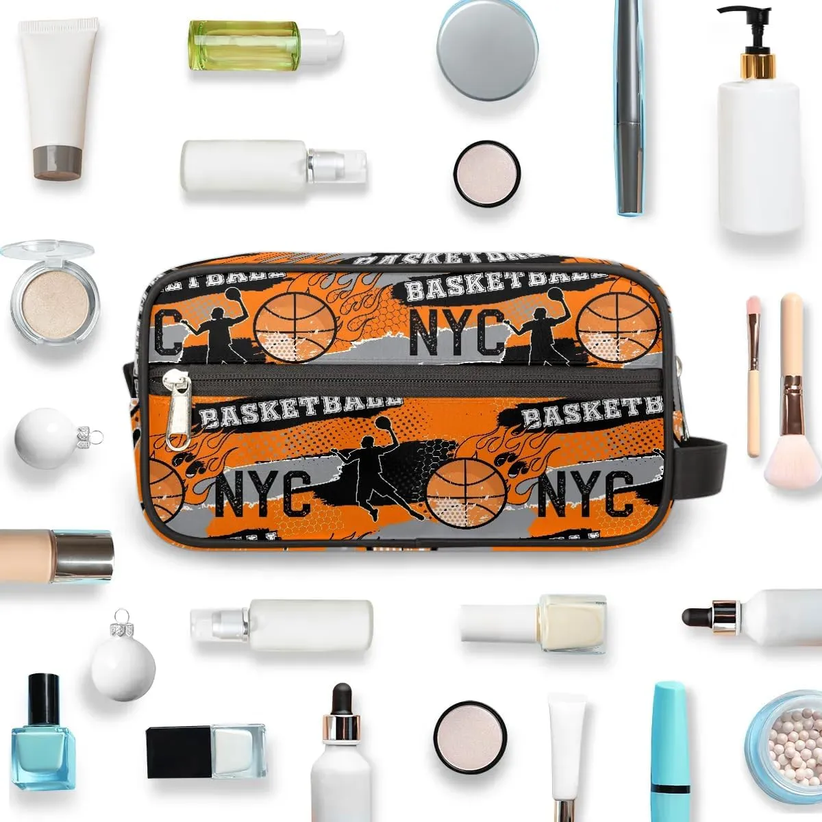 Boys Travel Toiletry Bag, Kids Waterproof Hanging Dopp Kit, Wash Bag with Large Capacity for Travel, Sports, Shower, Basketball Orange