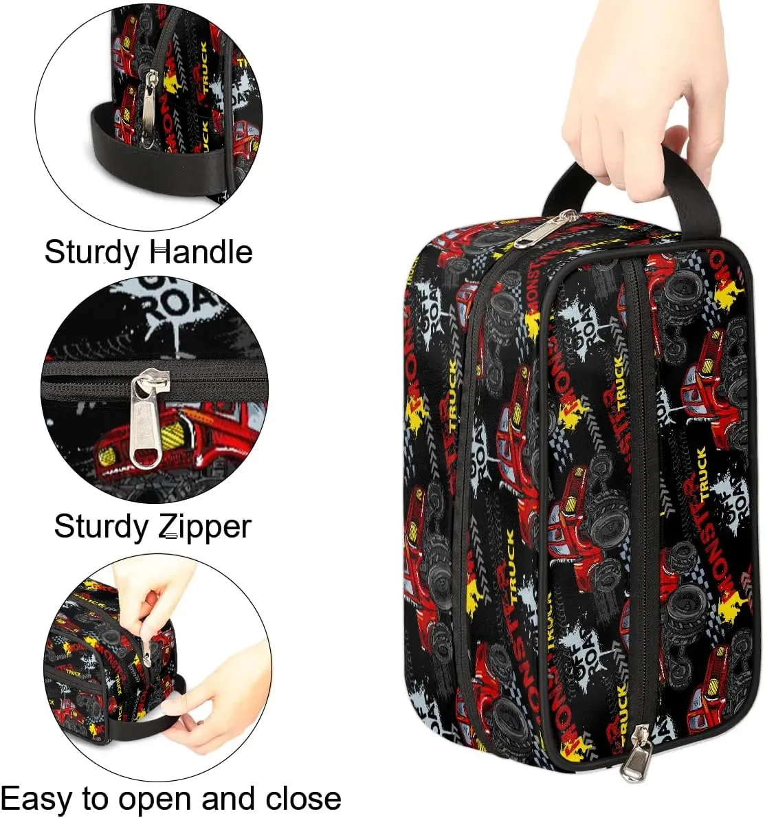 Boys Travel Toiletry Bag, Red Monster Car Trucks Kids Waterproof Hanging Dopp Kit, Wash Bag with Large Capacity for Travel, Sports, Shower