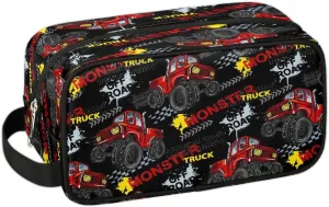Boys Travel Toiletry Bag, Red Monster Car Trucks Kids Waterproof Hanging Dopp Kit, Wash Bag with Large Capacity for Travel, Sports, Shower